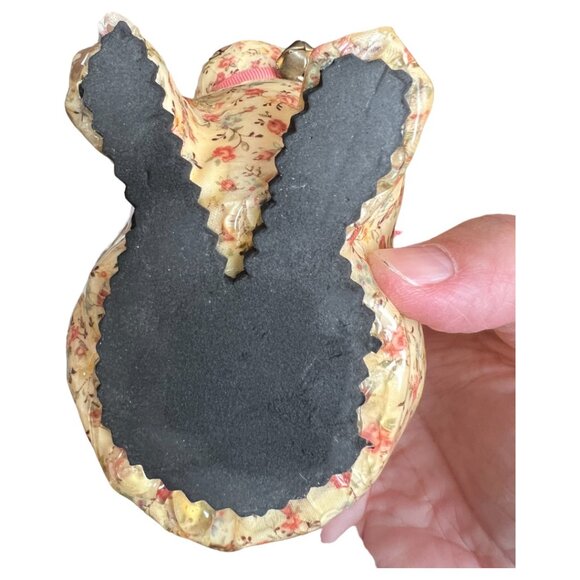 Vtg DECOUPAGE Ceramic CAT Kitten Kitty Floral Cream Fabric Pink Ribbon Bell 6" T - Picture 14 of 15